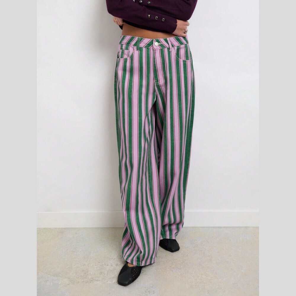 Pink Green Candy Striped Print Denim Wide Leg Long Jeans